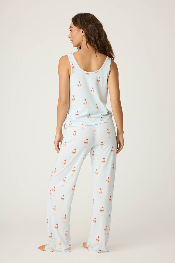 Women's light blue ice cream printed pajama set tank top & tie-waist pajama pant.