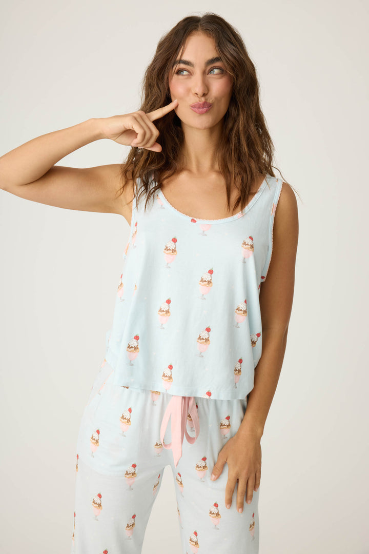 Women's light blue ice cream printed pajama set tank top & tie-waist pajama pant.