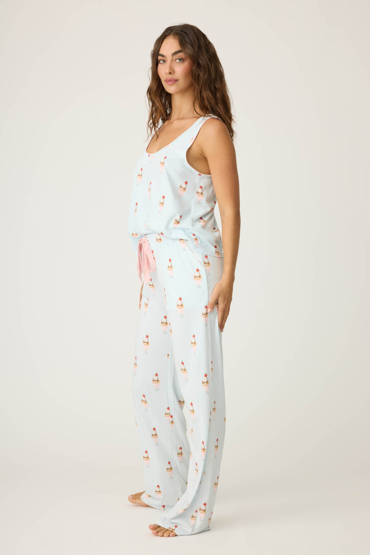 Women's light blue ice cream printed pajama set tank top & tie-waist pajama pant.
