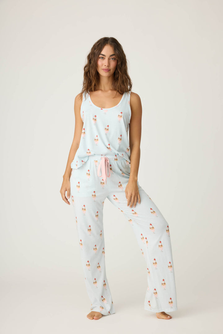 Women's light blue ice cream printed pajama set tank top & tie-waist pajama pant.