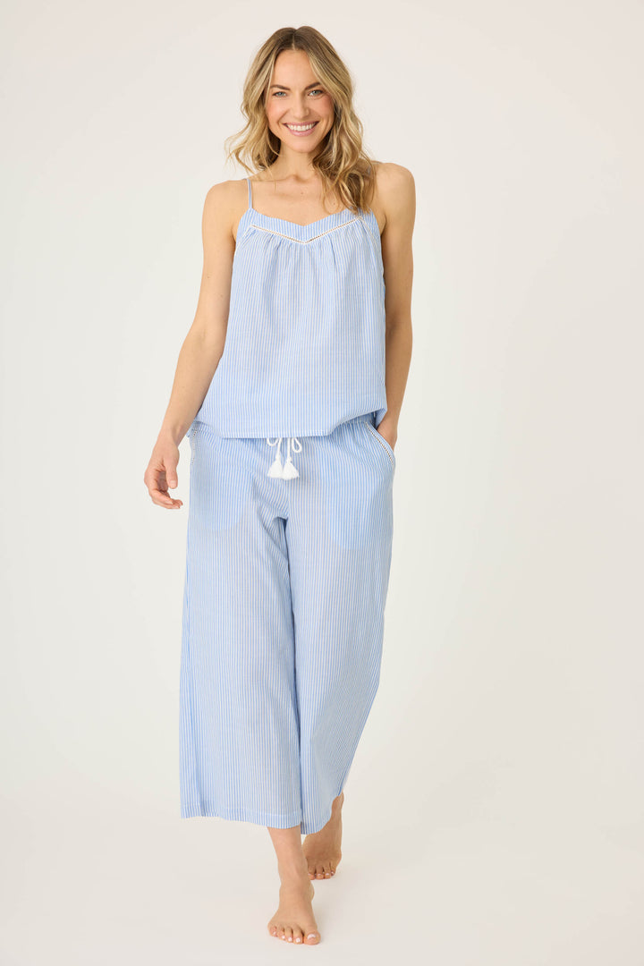 Women's blue & white striped cotton lounge set. Camisole top with ladder stitching at neckline, crop pant with pockets & tassel tie waist.