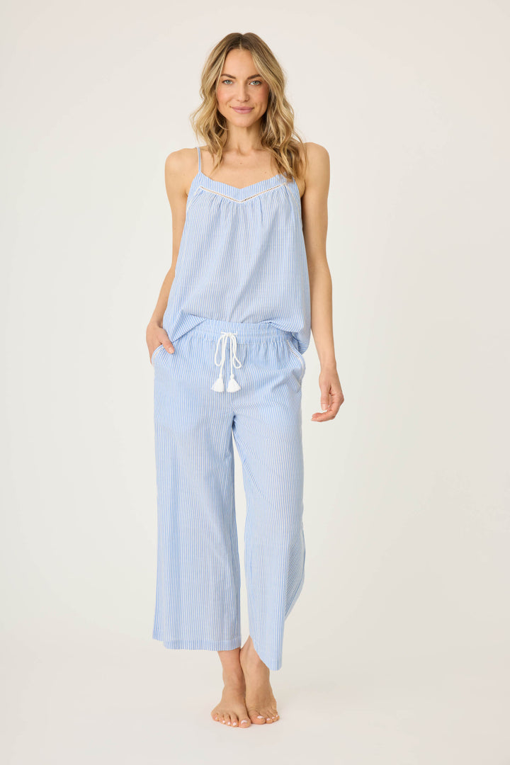 Women's blue & white striped cotton lounge set. Camisole top with ladder stitching at neckline, crop pant with pockets & tassel tie waist.