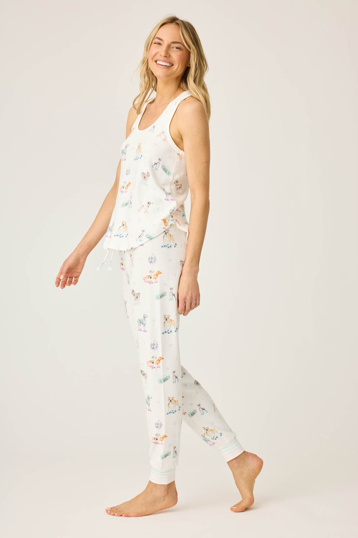 Women's ivory dogs & rollerskates print lounge set. Printed tank top & jammie pant.