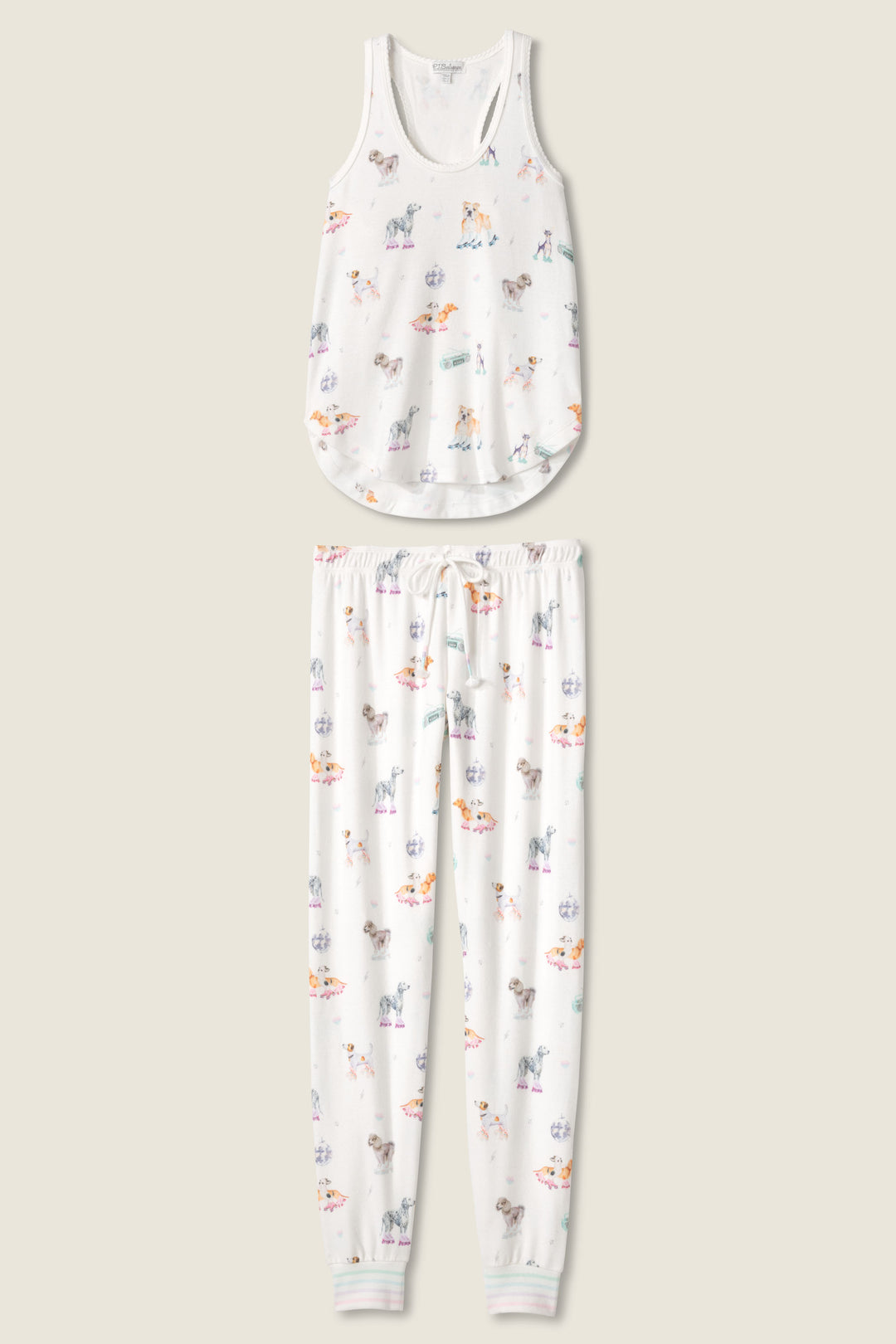 Women's ivory dogs & rollerskates print lounge set. Printed tank top & jammie pant.