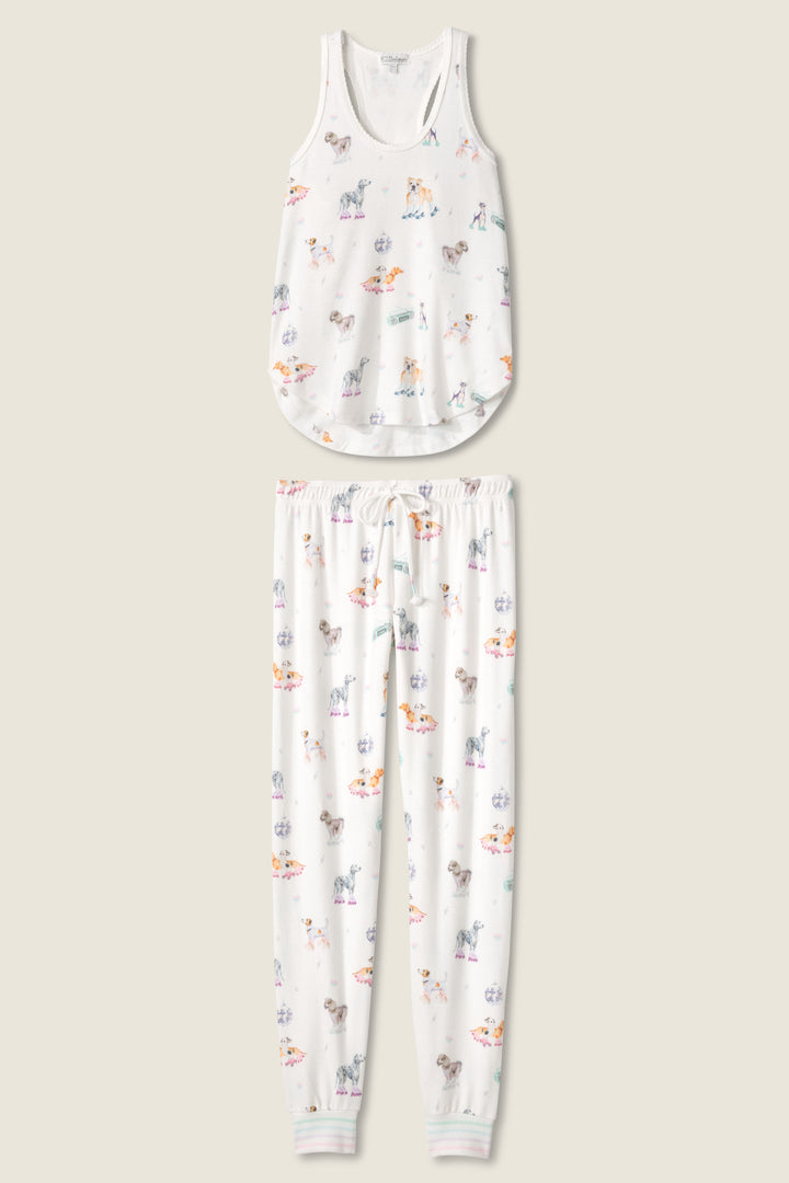 Women's ivory dogs & rollerskates print lounge set. Printed tank top & jammie pant.