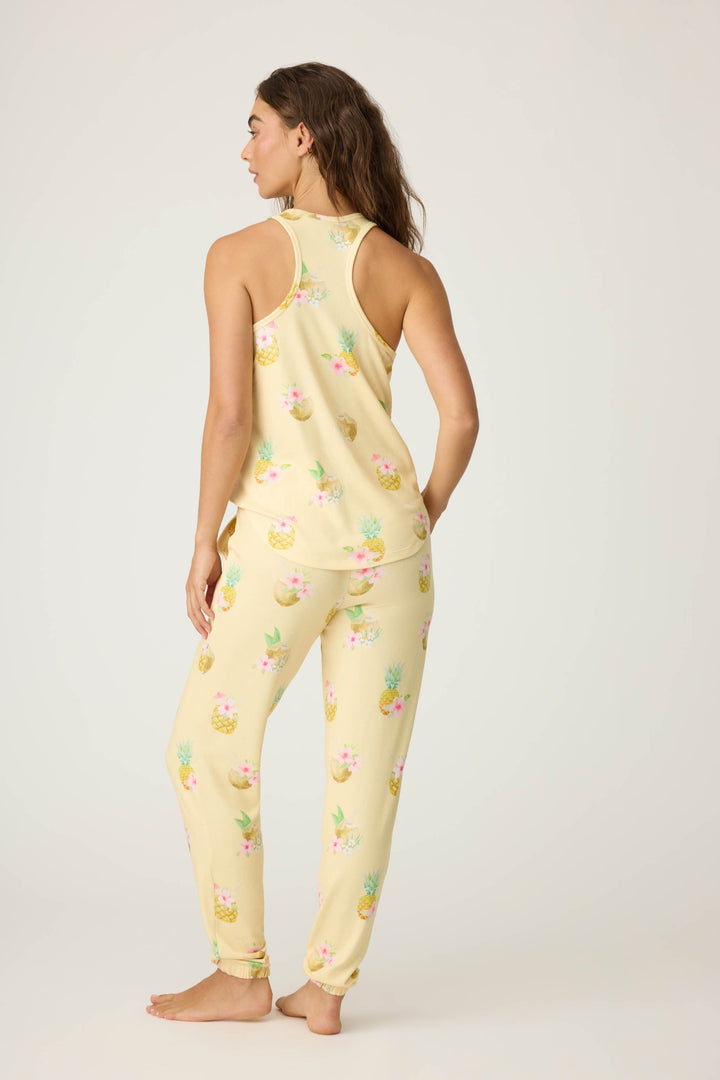 Women's yellow sleep short in pineapple floral print. Drawstring waist.