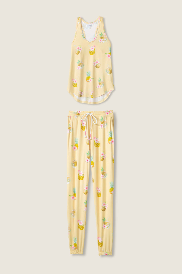 Women's yellow sleep short in pineapple floral print. Drawstring waist.