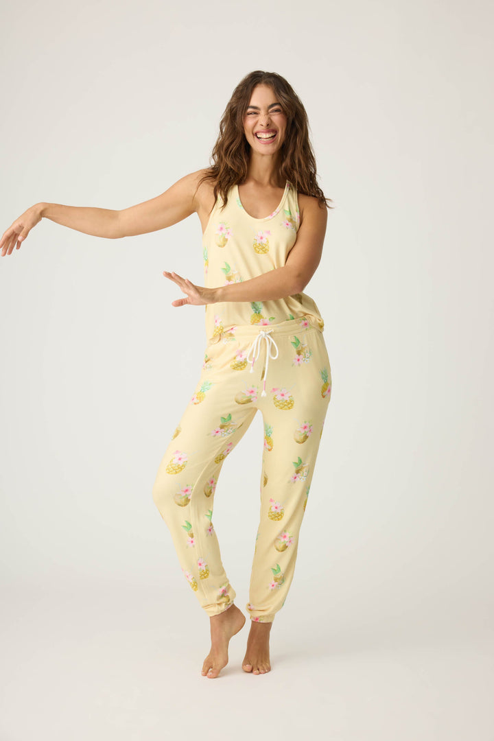Women's yellow sleep short in pineapple floral print. Drawstring waist.