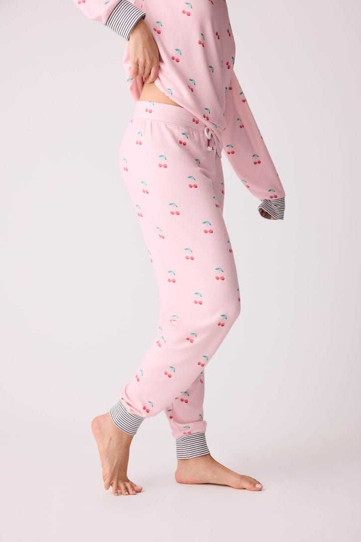 Women's pink banded pj pant with cherry pattern.