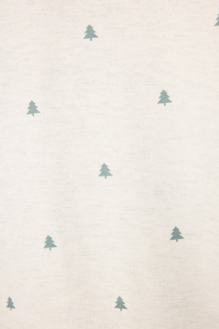 Women's heather grey sleep short with mini tree print. Striped waistband.