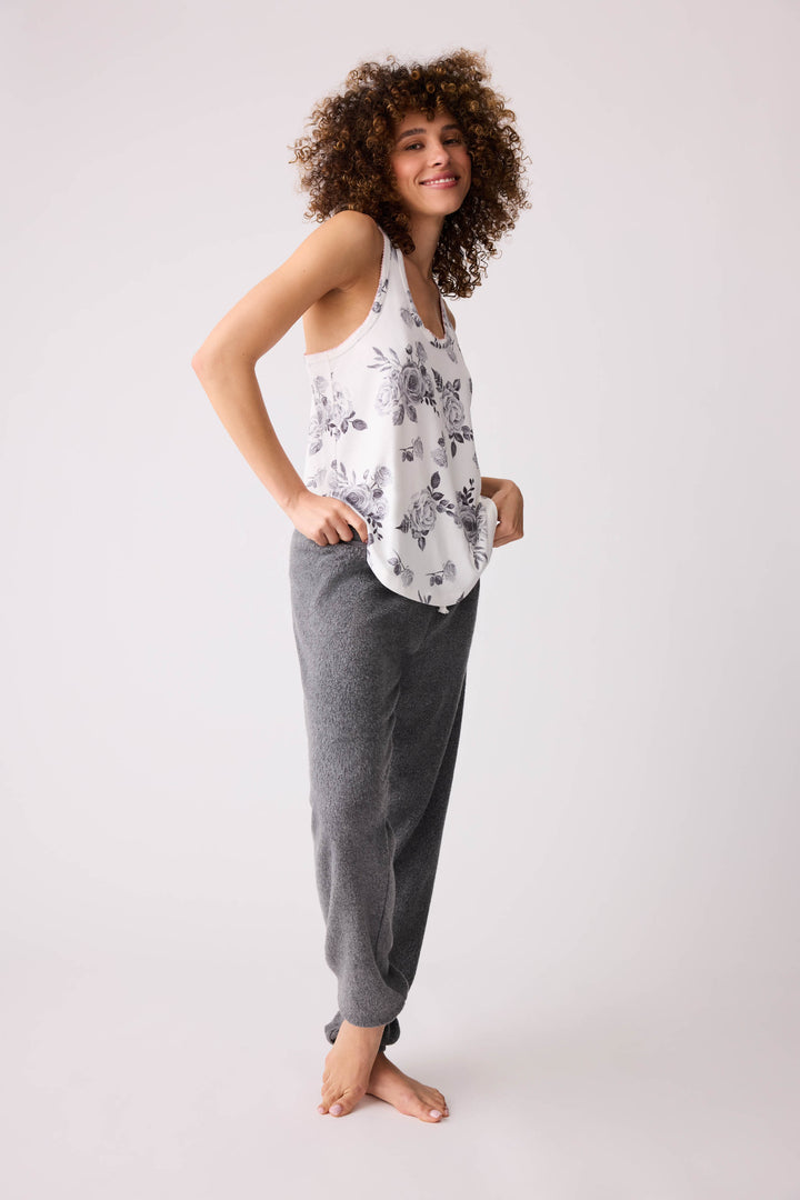 Women's dark banded pj pant with rose embroidery on hip.