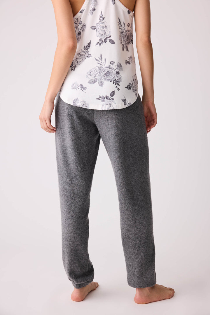 Women's dark banded pj pant with rose embroidery on hip.