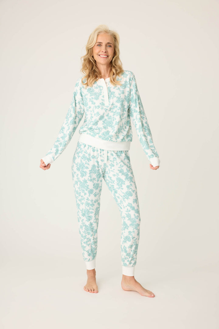 Women's white banded pj pant with jade floral pattern.