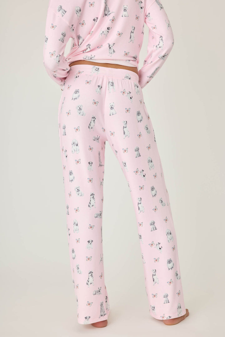 Pink dog-printed pajama pant for women with tie waist & side pockets.