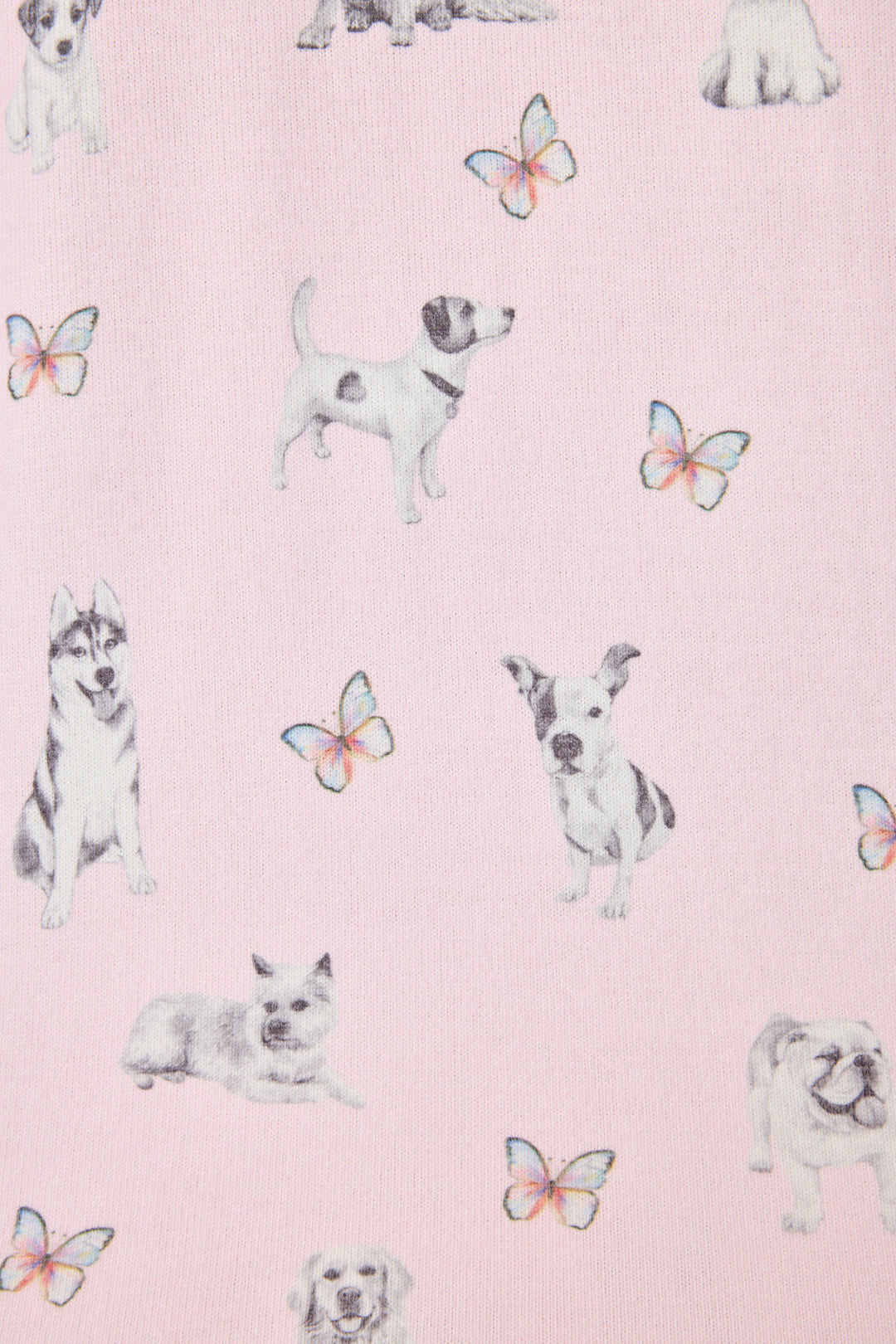 Pink dog-printed pajama pant for women with tie waist & side pockets.