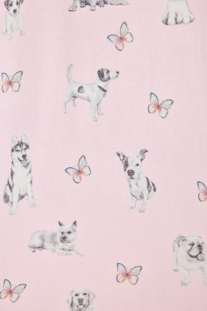 Pink dog-printed pajama pant for women with tie waist & side pockets.