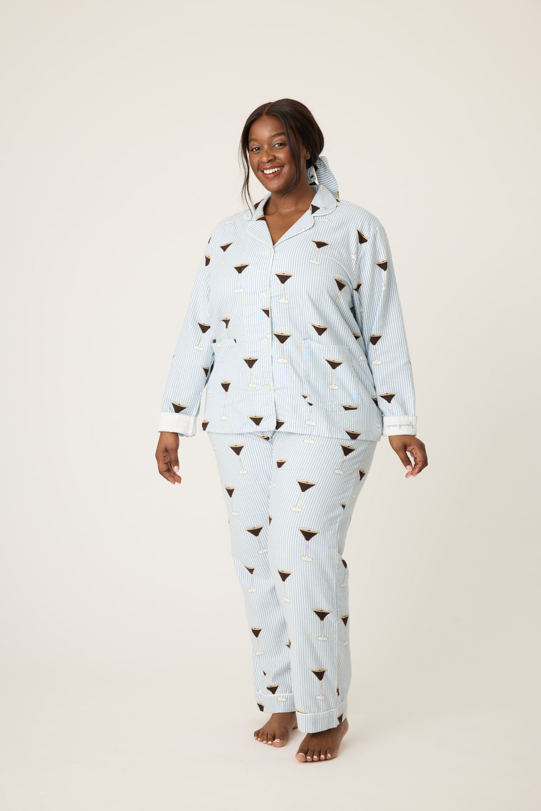 Women's white and blue stripe collared pj long sleeve with tie waist pant with espresso martini pattern.