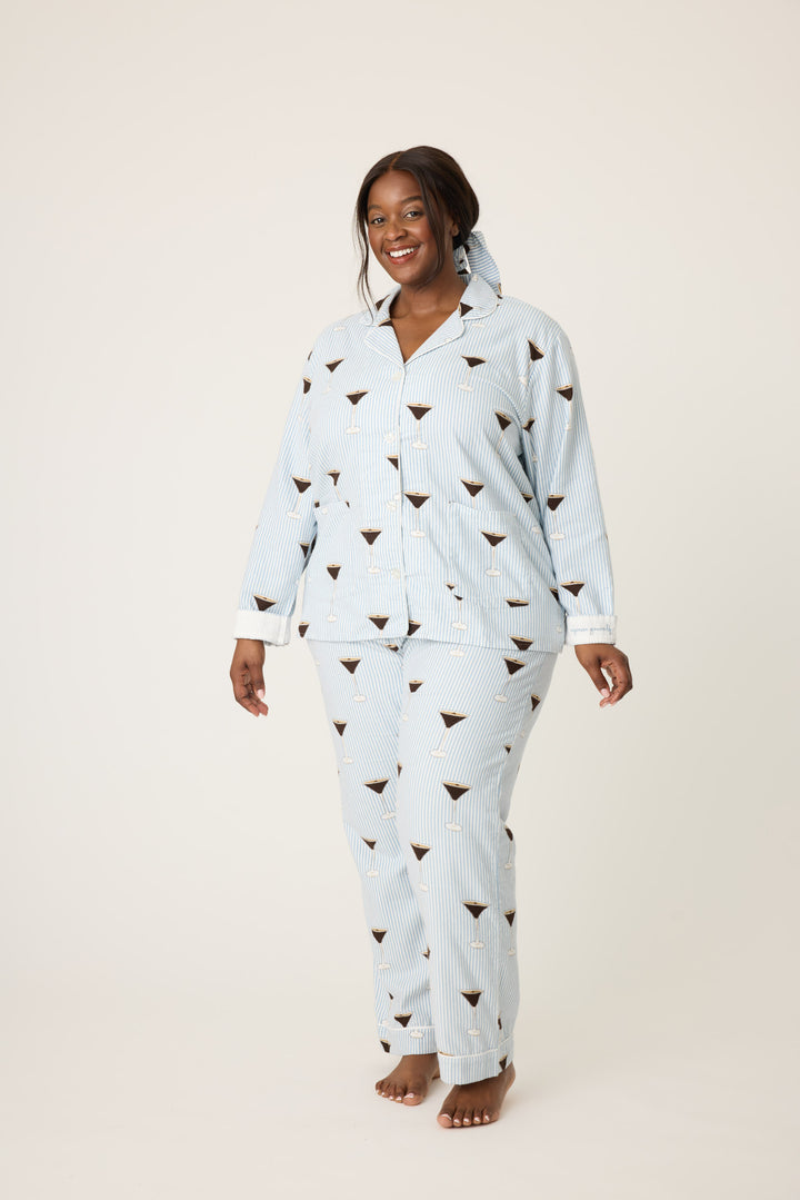 Women's white and blue stripe collared pj long sleeve with tie waist pant with espresso martini pattern.