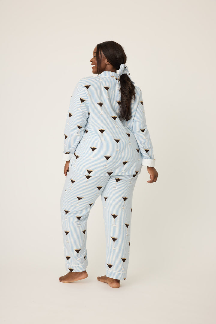 Women's white and blue stripe collared pj long sleeve with tie waist pant with espresso martini pattern.