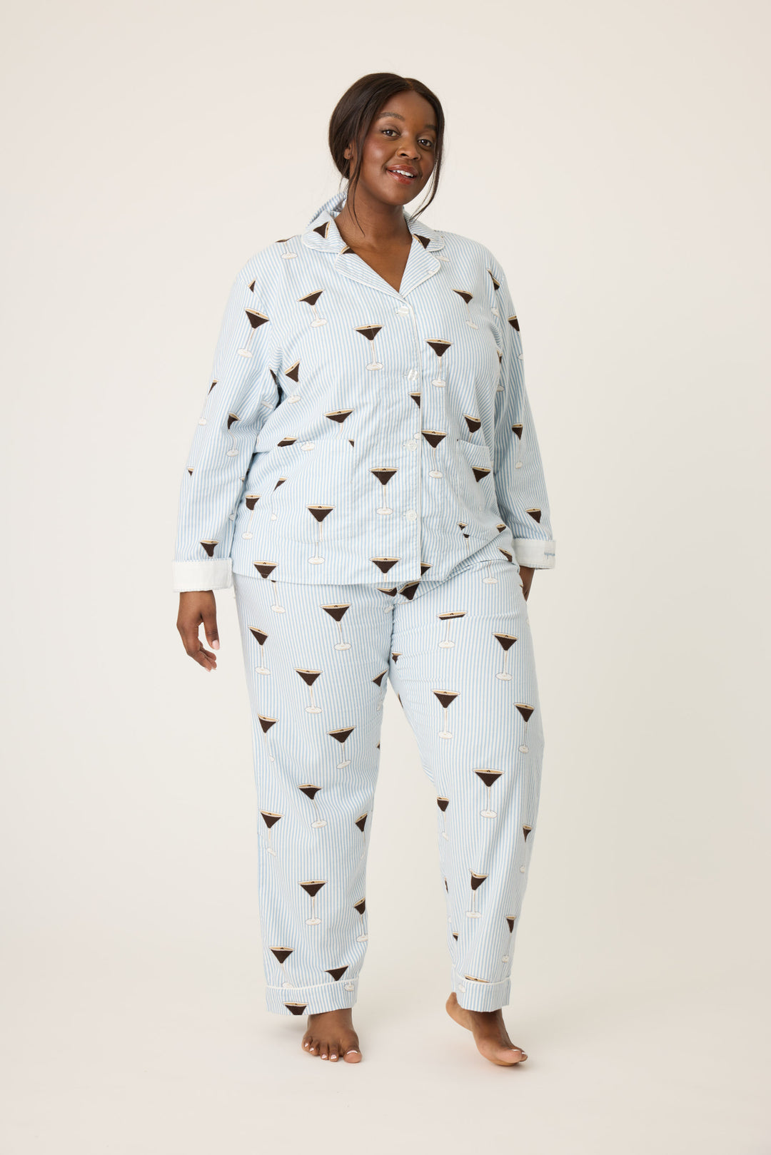 Women's white and blue stripe collared pj long sleeve with tie waist pant with espresso martini pattern.
