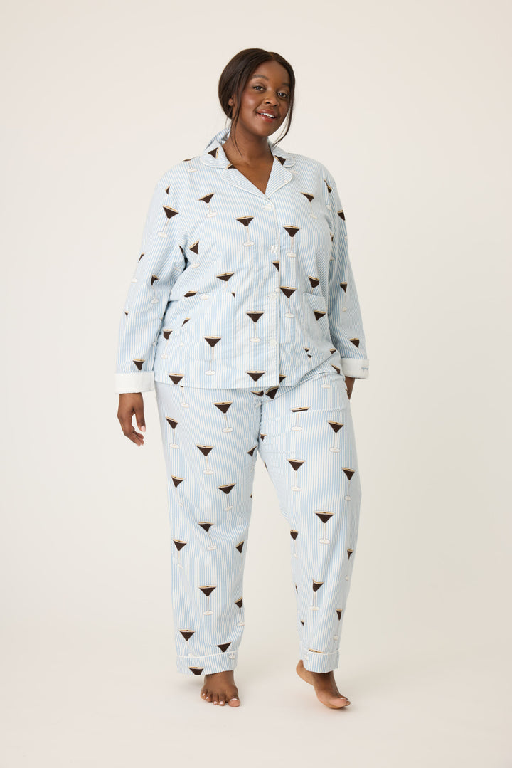 Women's white and blue stripe collared pj long sleeve with tie waist pant with espresso martini pattern.