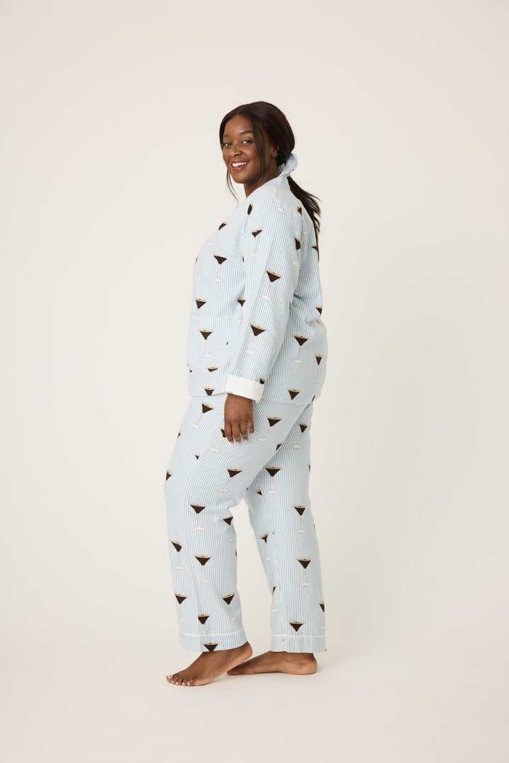 Women's white and blue stripe collared pj long sleeve with tie waist pant with espresso martini pattern.