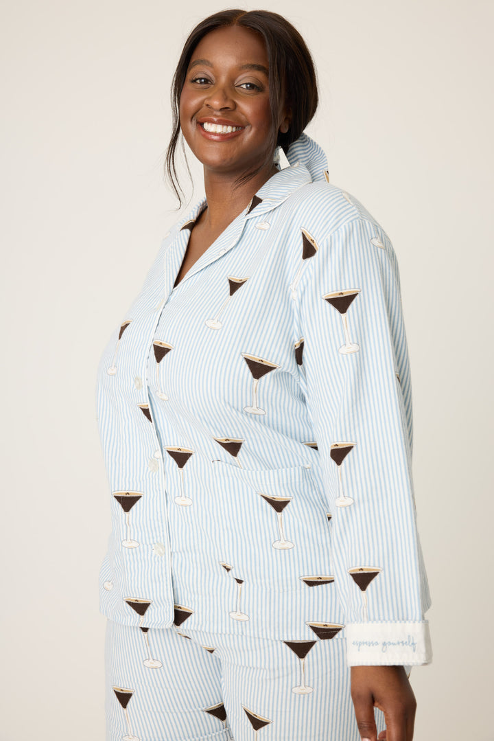 Women's white and blue stripe collared pj long sleeve with tie waist pant with espresso martini pattern.
