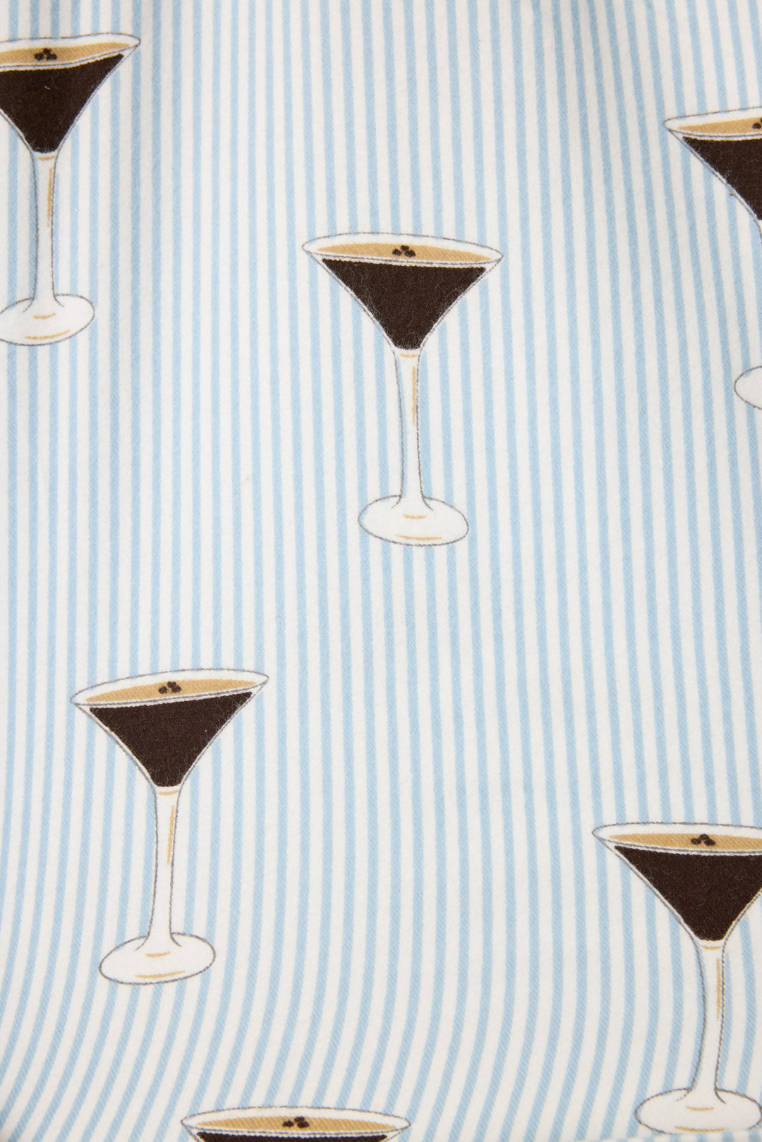 Women's white and blue stripe collared pj long sleeve with tie waist pant with espresso martini pattern.