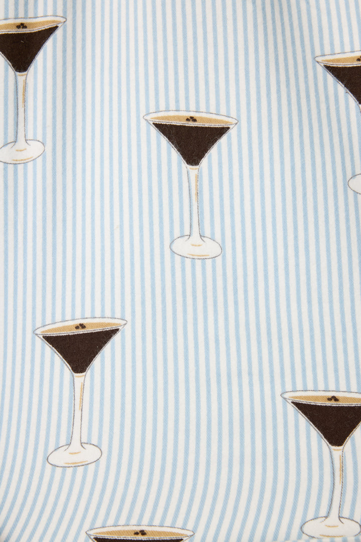 Women's white and blue stripe collared pj long sleeve with tie waist pant with espresso martini pattern.