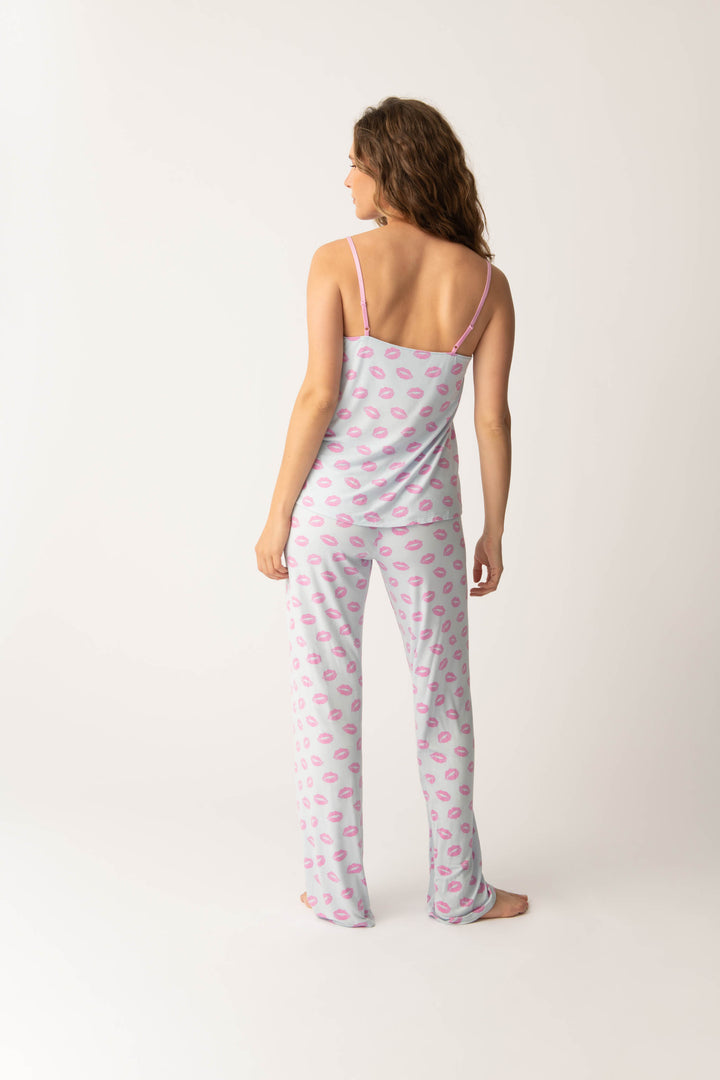 Women's blue pj tank with shelf bra and tie waist pants with pink kiss pattern.