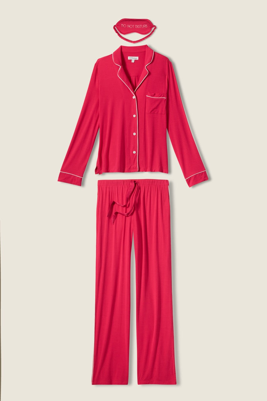 Women's hot pink collared pj top and tie waist pants with matching sleep eye mask.
