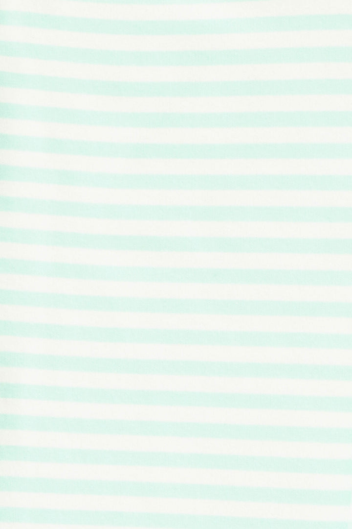 Gender-neutral kids' pajama in mint-ivory stripes with contrast red stitching.