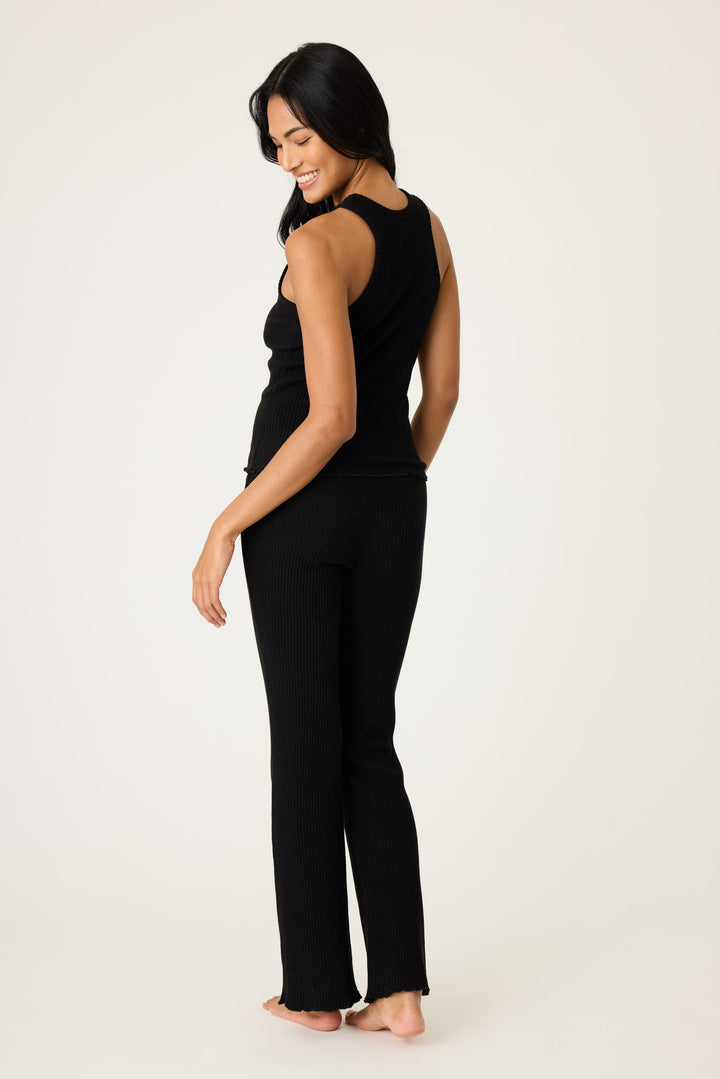 Women's black rib lounge set tank top & high-waisted pant in Repreve knit.