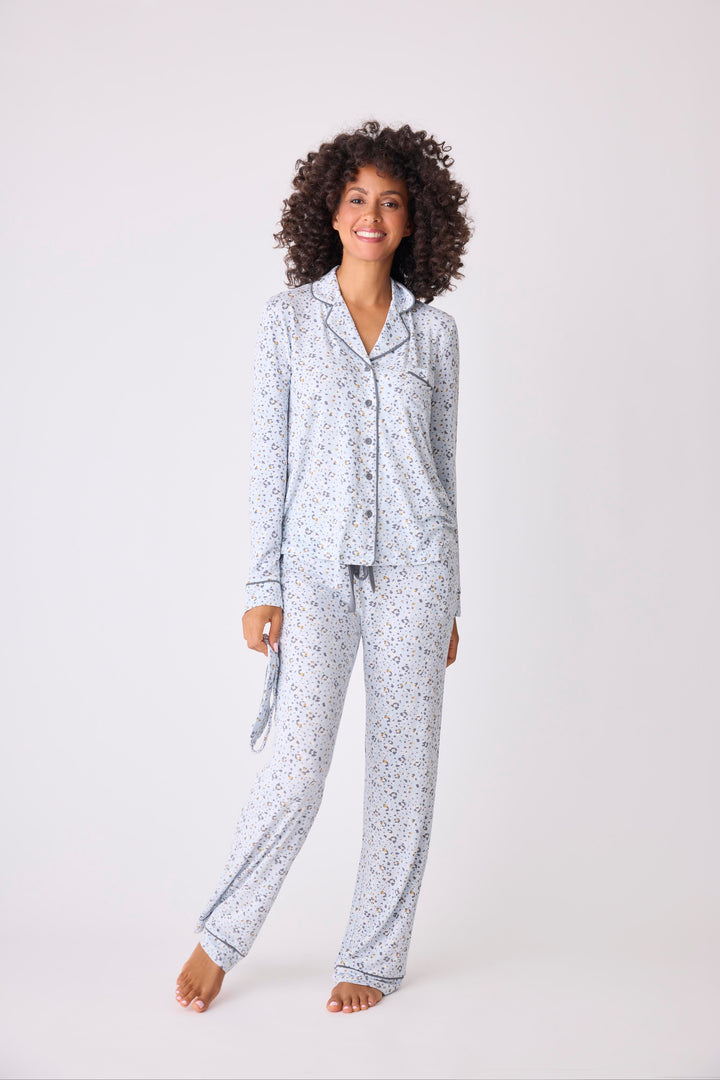 Women's modal pajama set top & pant in light blue mini leopard-floral with piping & chest pocket.