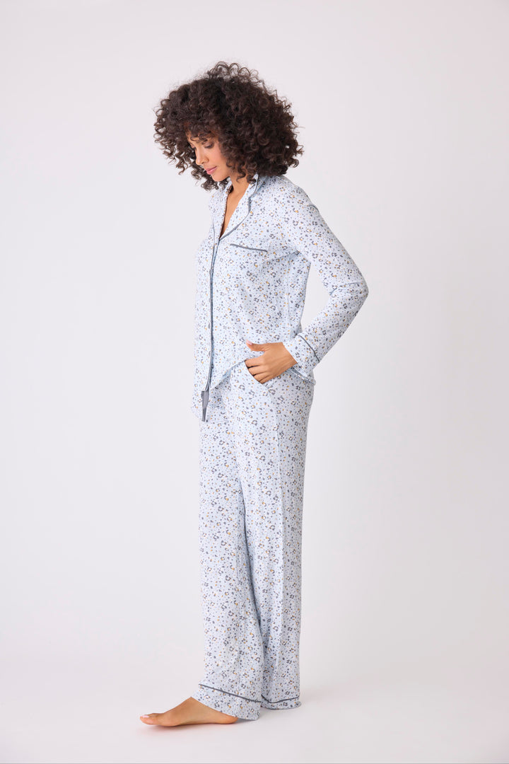 Women's modal pajama set top & pant in light blue mini leopard-floral with piping & chest pocket.