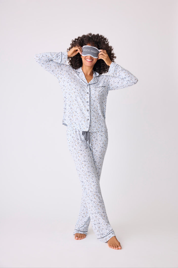 Women's modal pajama set top & pant in light blue mini leopard-floral with piping & chest pocket.