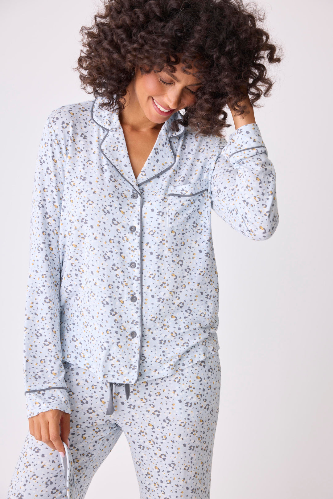 Women's modal pajama set top & pant in light blue mini leopard-floral with piping & chest pocket.