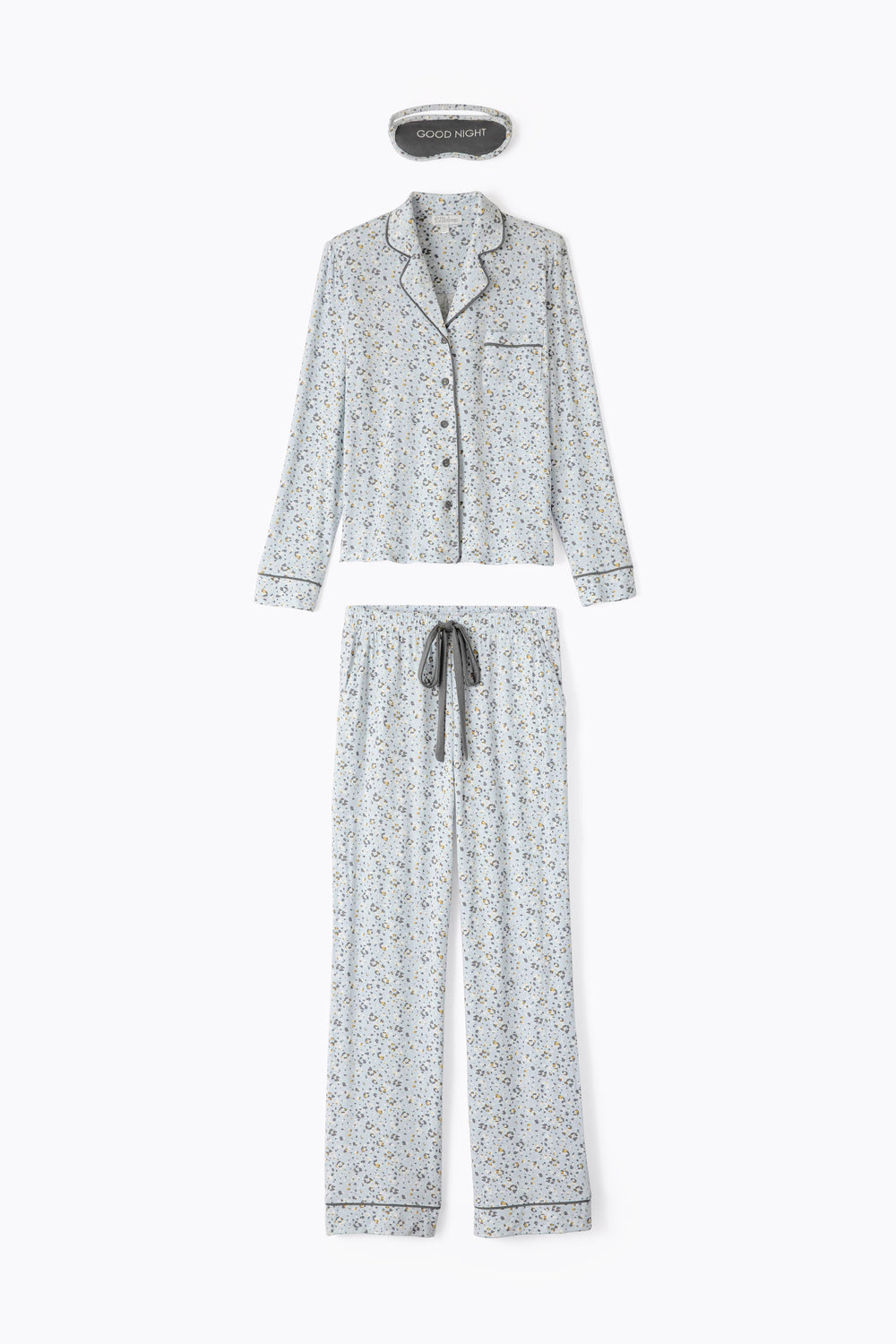Women's modal pajama set top & pant in light blue mini leopard-floral with piping & chest pocket.