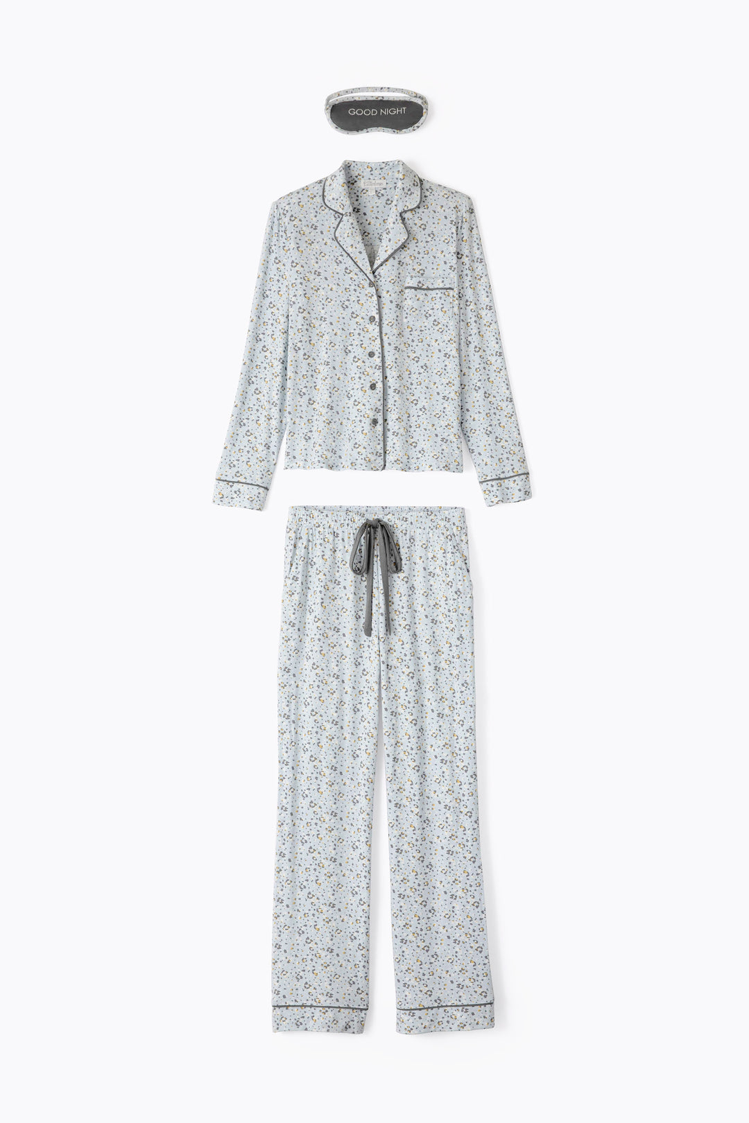 Women's modal pajama set top & pant in light blue mini leopard-floral with piping & chest pocket.