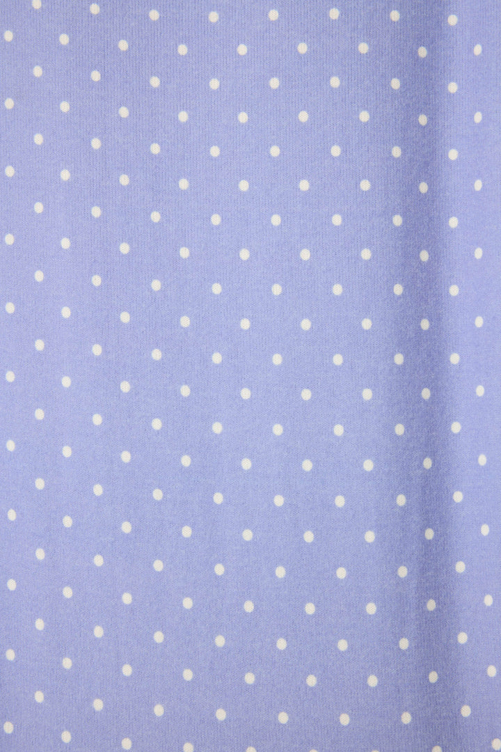 Women's jammie set with long sleeve top & banded pj pant. Peachy jersey in blue polka dot with contrast floral cuffs.