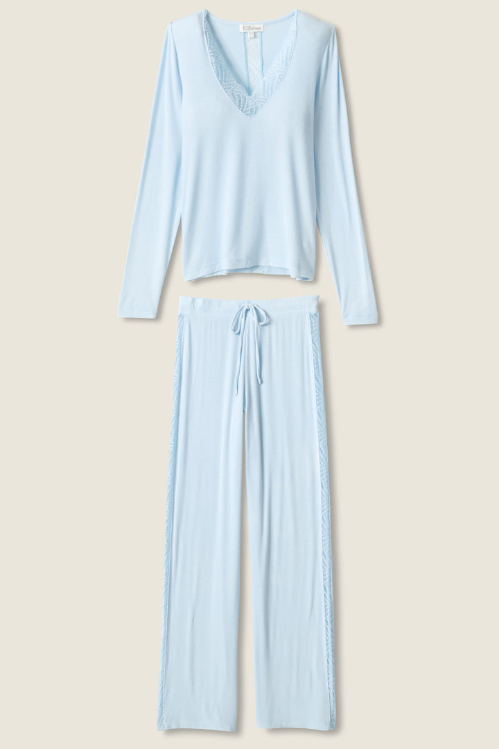 Women's blue long sleeve fitted top with lace neckline & lounge pant with lace inset sideseaoms.