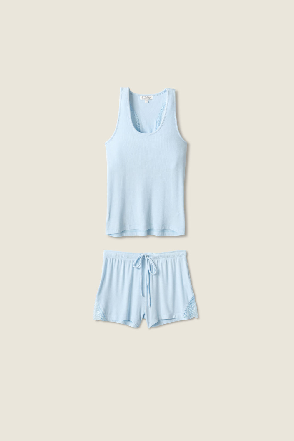 Women's blue racer back sleep tank top in micro rib knit. With lace detail on back. Shelf bra for comfort.
