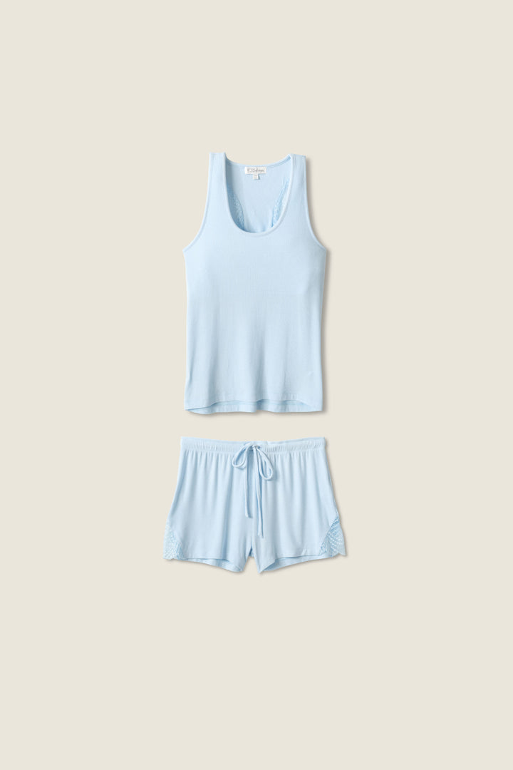 Women's blue racer back sleep tank top in micro rib knit. With lace detail on back. Shelf bra for comfort.