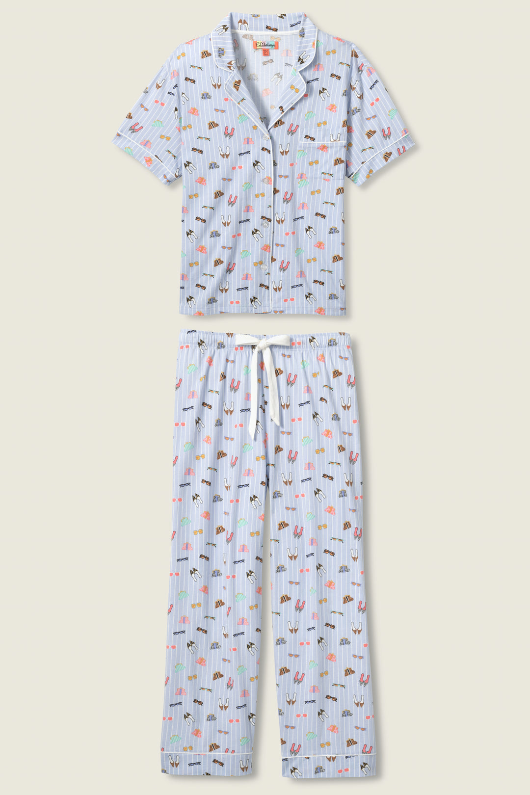 Women's breathable cotton-modal jersey short sleeve pajama set in light blue fashion shoe print. With blue contrast piping & tie. Button-front top & open leg pant.