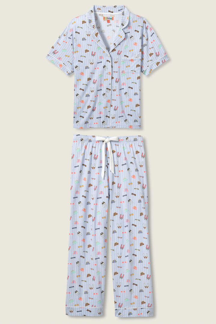 Women's breathable cotton-modal jersey short sleeve pajama set in light blue fashion shoe print. With blue contrast piping & tie. Button-front top & open leg pant.