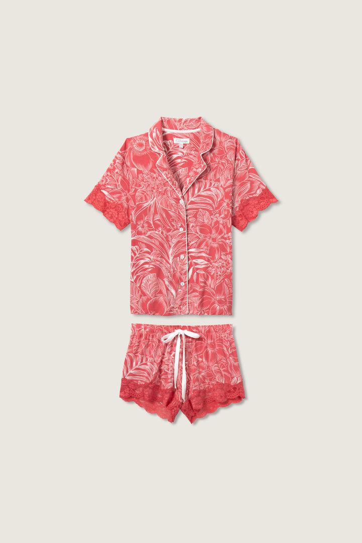 Pink floral modal women's pajama short set with scallop lace hem. Short sleeve button-front top with lace-trim sleeves. Contrast tie waistband.