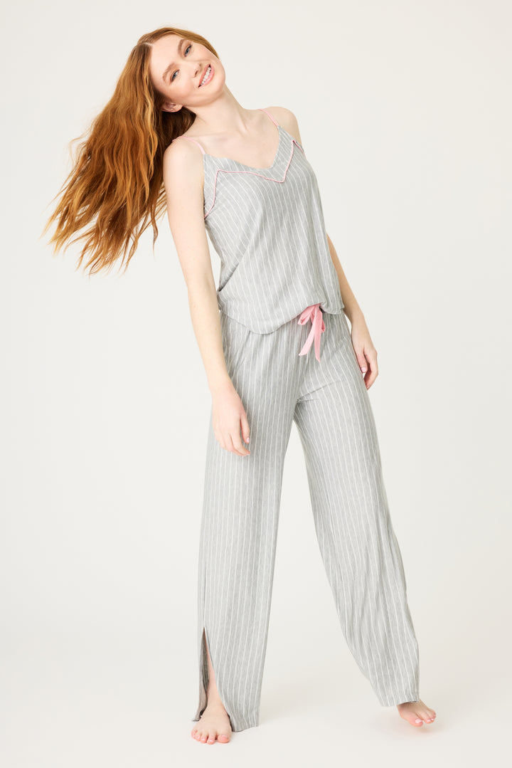 Grey-ivory modal women's sleep set. Camisole top with piping & shelf bra with pj pant with side pockets & contrast pink tie waist.