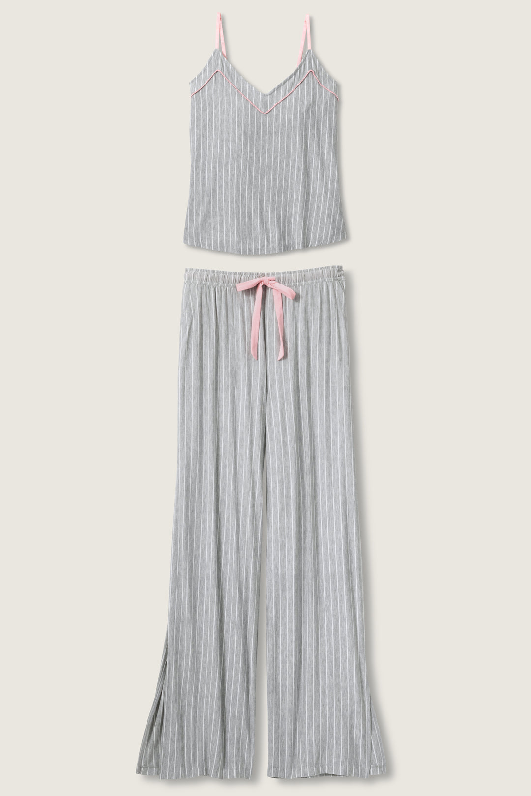 Grey-ivory modal women's sleep set. Camisole top with piping & shelf bra with pj pant with side pockets & contrast pink tie waist.