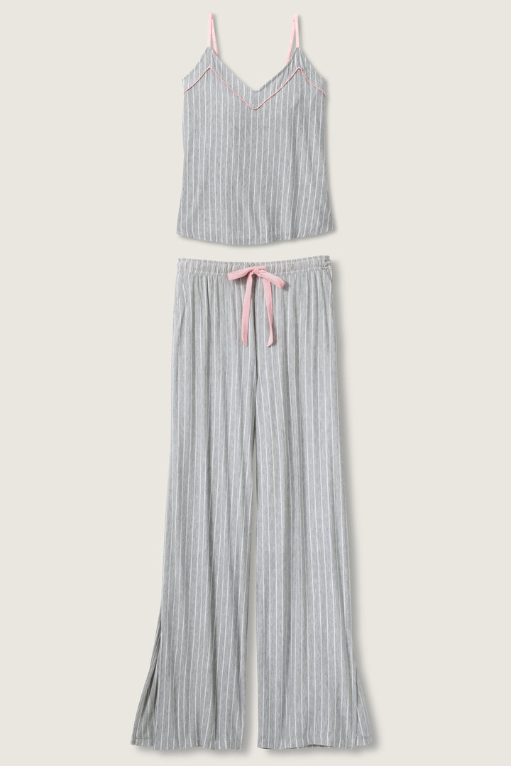 Grey-ivory modal women's sleep set. Camisole top with piping & shelf bra with pj pant with side pockets & contrast pink tie waist.