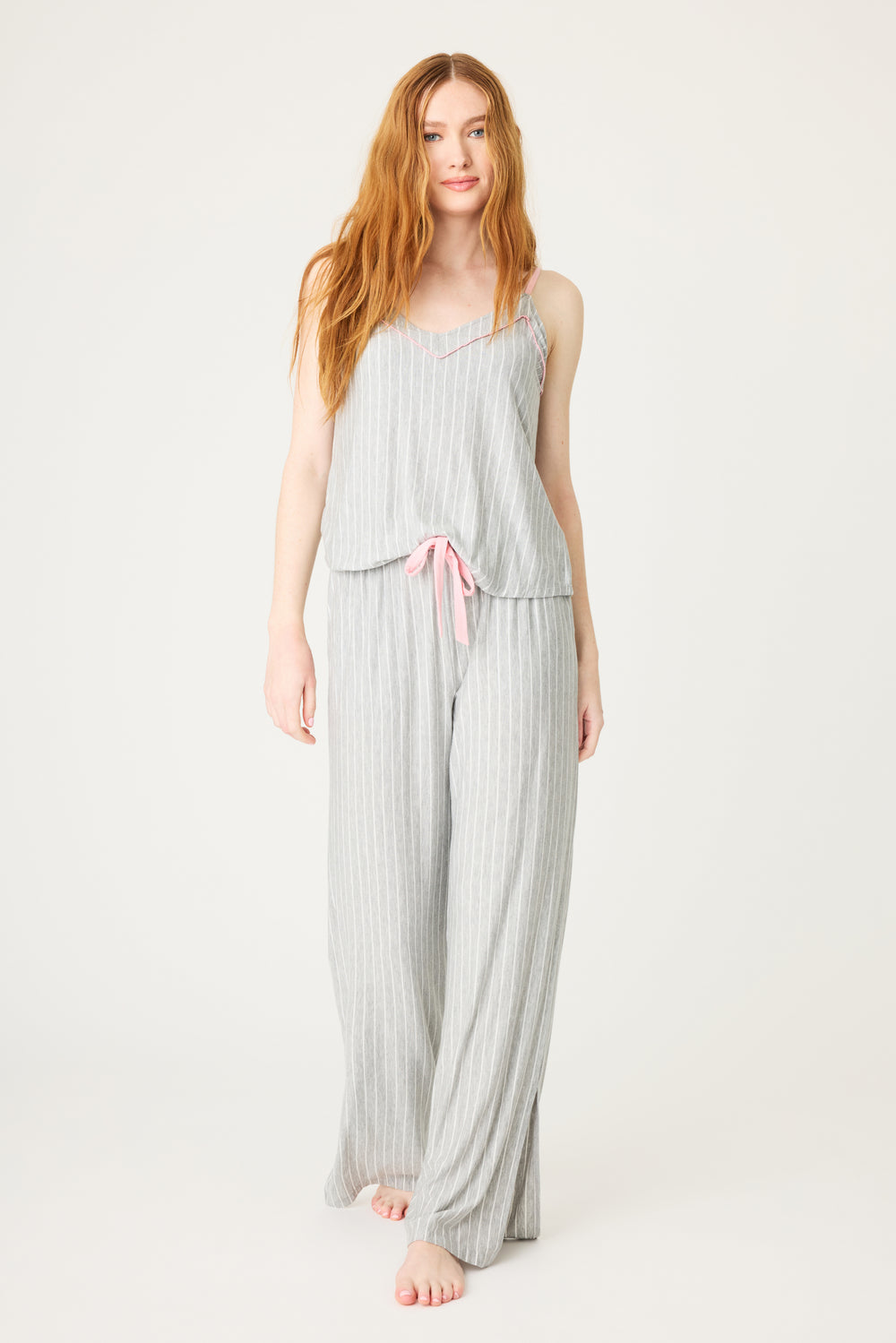Grey-ivory modal women's sleep set. Camisole top with piping & shelf bra with pj pant with side pockets & contrast pink tie waist.